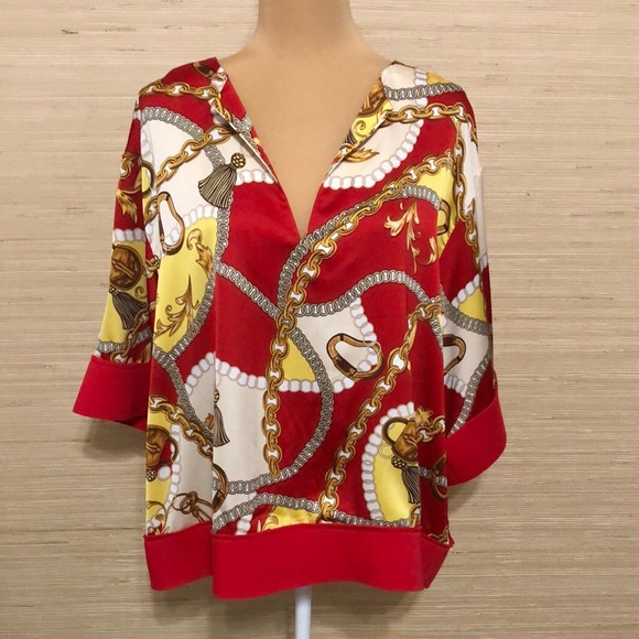 Red Gold Buchona Chain Tassel Print Women's  7/8 Wide Sleeve Lightweight Top L - Picture 1 of 10